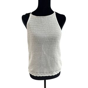 Mango MNG Women Off White Crochet Knit Halter Top Open Weave Tie Back Size L